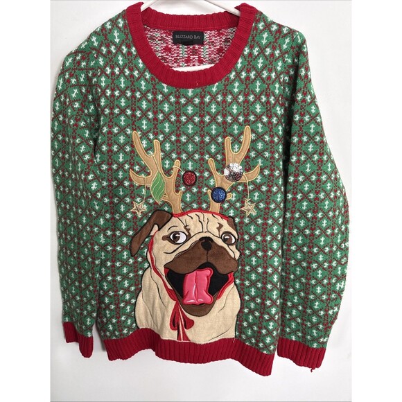 Ugly Christmas Sweater Pug Dog Reindeer Knit Pullover Large 14 16 Blizzard Bay - Picture 1 of 5